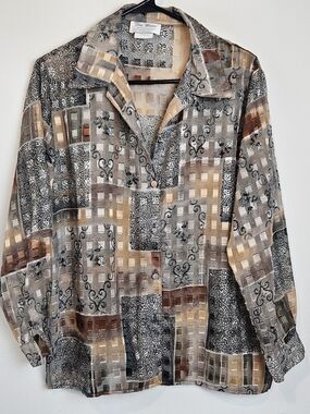 Patchwork-Print Button Front Blouse in Beige & Gray